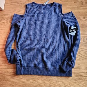 Design Lab Lord & Taylor Ribbed Cold Shoulder Top - Navy